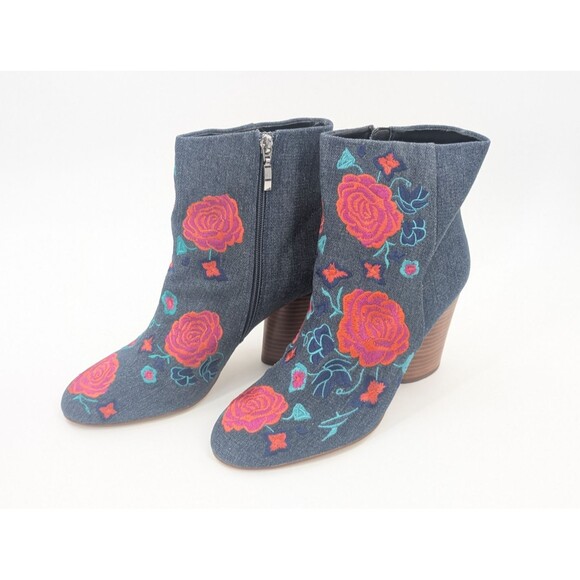 The Fix Nash Oval Heel Ankle Bootie Zip Floral Embroidery Indigo Denim Size 10 - Picture 1 of 7